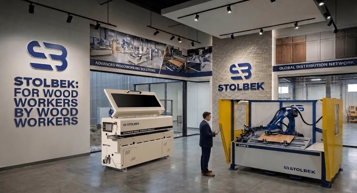 Inside the Stolbek showroom featuring the Ultimate Edge Sander and a robotic sanding cell